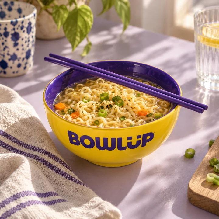 Golden noodles in a yellow BOWLUP bowl with purple chopsticks, in soft afternoon sunlight.